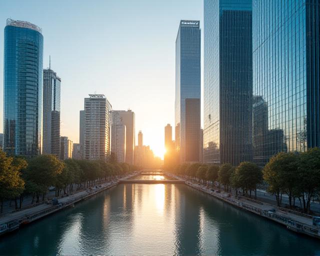 Modern business district in Paris under soft morning light